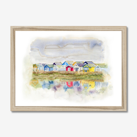 'Beach Huts 1' - Watercolour beach huts seascape painting of Mudeford Spit, Dorset — colourful coastal wall art with vibrant reflections in soft dreamy watercolour, by Crafty Cow Design.