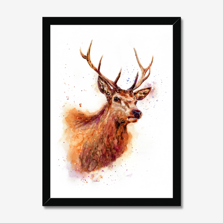 'Monarch of the Glen' - Stag wall art and deer print in rich russet, amber and burgundy watercolour tones, rustic wall art and country home decor buck print for cottage and highland inspired interiors by Crafty Cow Design.