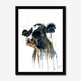 'Paint It Black' - Cow wall art print hung in a farmhouse kitchen, bold inky black and warm brown tones farm house home decor by Crafty Cow Design.