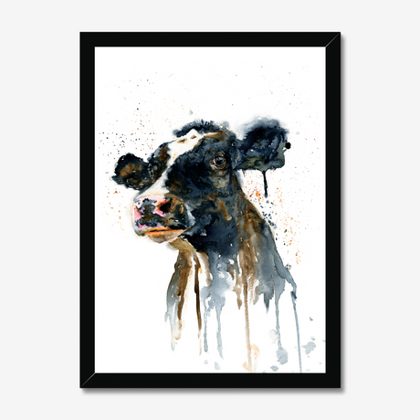 'Paint It Black' - Cow wall art print hung in a farmhouse kitchen, bold inky black and warm brown tones farm house home decor by Crafty Cow Design.