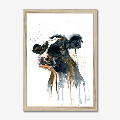 'Paint It Black' - Framed cow wall art print in natural wood frame, expressive black and white watercolour cow painting art, farm animal print by Crafty Cow Design.