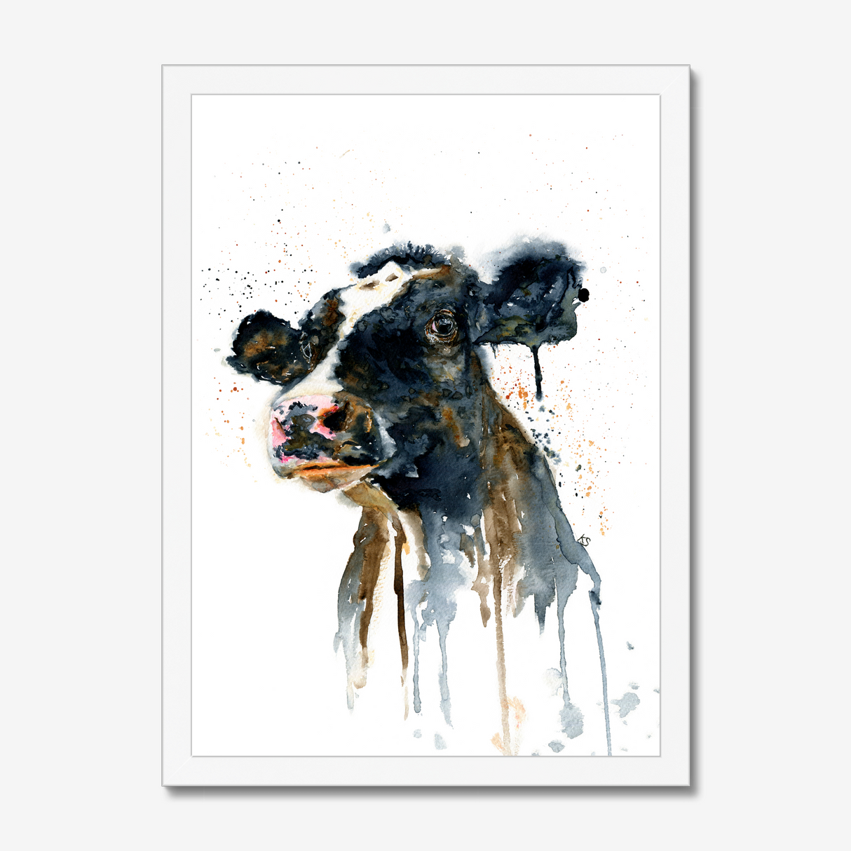 'Paint It Black' - Cow wall art print with expressive watercolour drips in bold inky black and warm brown tones, farm house home decor by Crafty Cow Design.