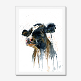 'Paint It Black' - Cow wall art print with expressive watercolour drips in bold inky black and warm brown tones, farm house home decor by Crafty Cow Design.