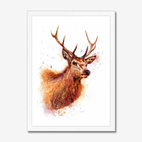 'Monarch of the Glen' - Stag wall art and deer print in rich russet, amber and burgundy watercolour tones, rustic wall art and country home decor buck print for cottage and highland inspired interiors by Crafty Cow Design.