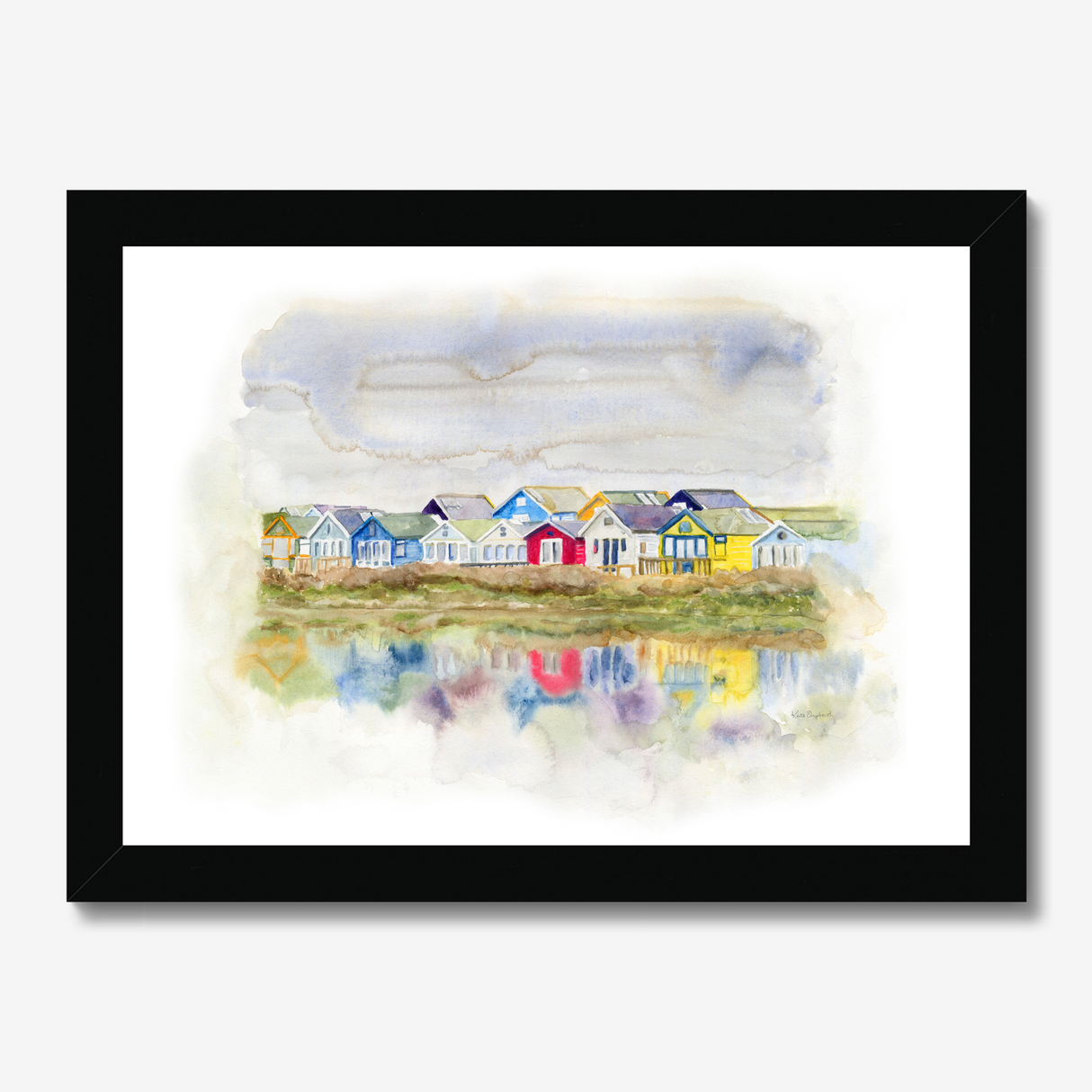 'Beach Huts 1' - Watercolour beach huts seascape painting of Mudeford Spit, Dorset — colourful coastal wall art with vibrant reflections in soft dreamy watercolour, by Crafty Cow Design.