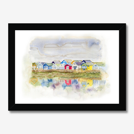 'Beach Huts 1' - Watercolour beach huts seascape painting of Mudeford Spit, Dorset — colourful coastal wall art with vibrant reflections in soft dreamy watercolour, by Crafty Cow Design.
