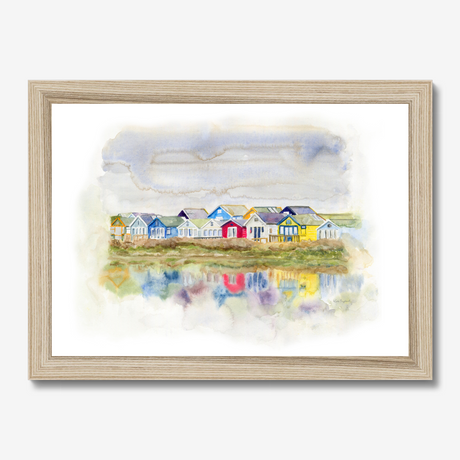 'Beach Huts 1' - A loose watercolour beach huts print of Mudeford Spit beach huts — Dorset prints and colourful seaside home decor with soft dreamy reflections, by Crafty Cow Design.