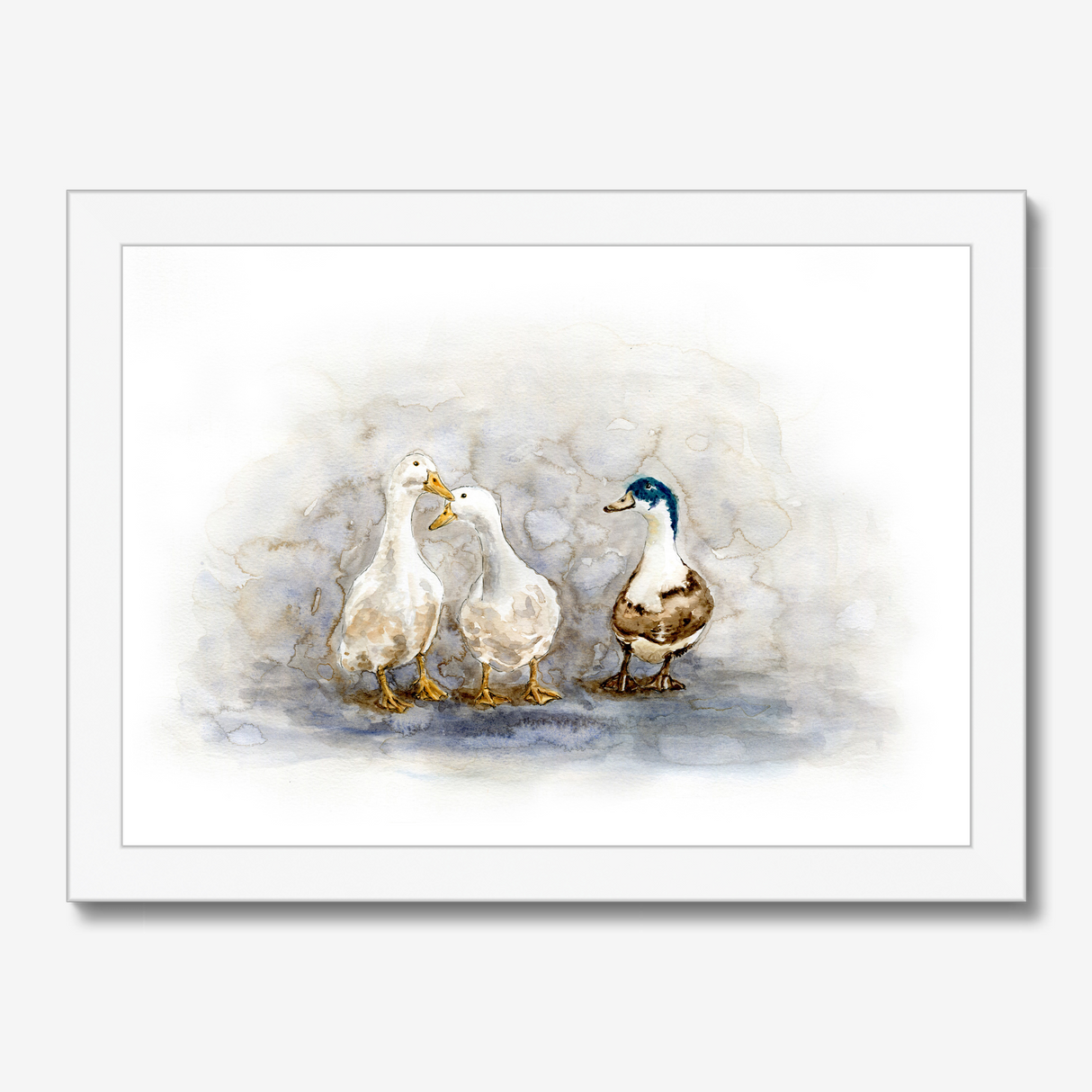 'Feathered Friends' - Duck print showing three characterful ducks in soft watercolour tones, birds wall art cottage inspiration by Crafty Cow Design.