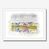 'Beach Huts 1' - Watercolour beach huts seascape painting of Mudeford Spit, Dorset — colourful coastal wall art with vibrant reflections in soft dreamy watercolour, by Crafty Cow Design.
