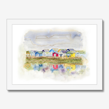 'Beach Huts 1' - Watercolour beach huts seascape painting of Mudeford Spit, Dorset — colourful coastal wall art with vibrant reflections in soft dreamy watercolour, by Crafty Cow Design.
