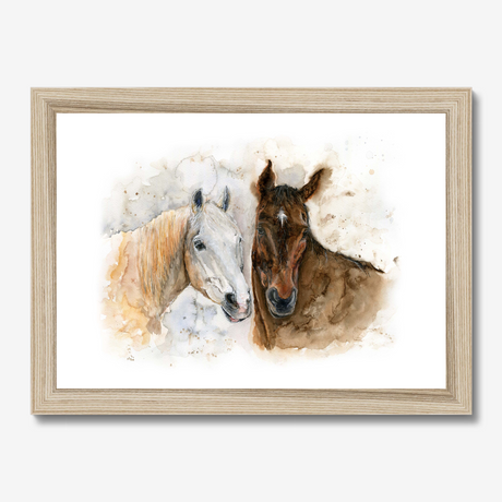 'Horse Friends' - Watercolour horse print framed in warm natural wood, showing two horses in quiet companionship — a timeless horse portrait print for hallways and living rooms, by Crafty Cow Design.