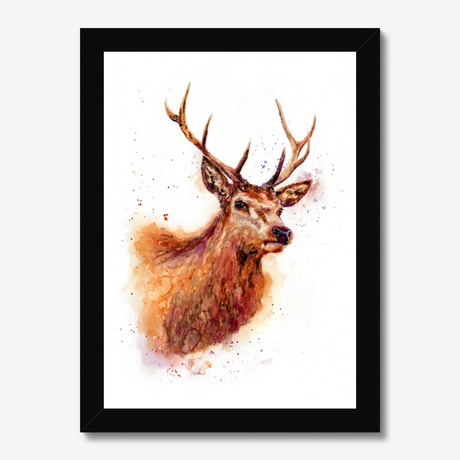 'Monarch of the Glen' - Stag wall art and deer print in rich russet, amber and burgundy watercolour tones, rustic wall art and country home decor buck print for cottage and highland inspired interiors by Crafty Cow Design.