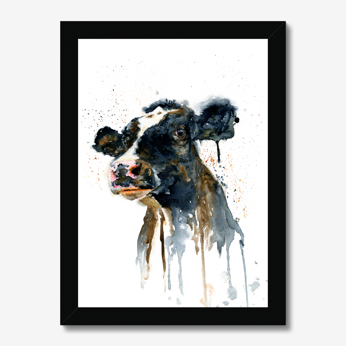 'Paint It Black' - Close-up detail of expressive watercolour cow painting art in bold inky black, farm animal print countryside wall art by Crafty Cow Design.