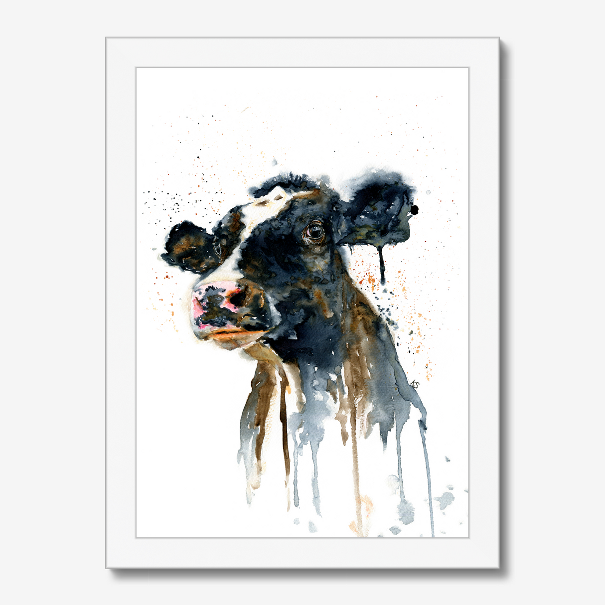 'Paint It Black' - Farm animal print showing black and white dairy cow in loose expressive watercolour, countryside wall art farm house home decor by Crafty Cow Design.