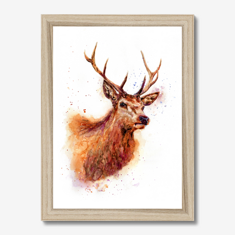 'Monarch of the Glen' - Stag wall art and deer print in rich russet, amber and burgundy watercolour tones, rustic wall art and country home decor buck print for cottage and highland inspired interiors by Crafty Cow Design.