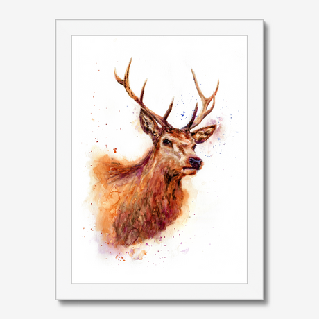 'Monarch of the Glen' - Stag wall art and deer print in rich russet, amber and burgundy watercolour tones, rustic wall art and country home decor buck print for cottage and highland inspired interiors by Crafty Cow Design.