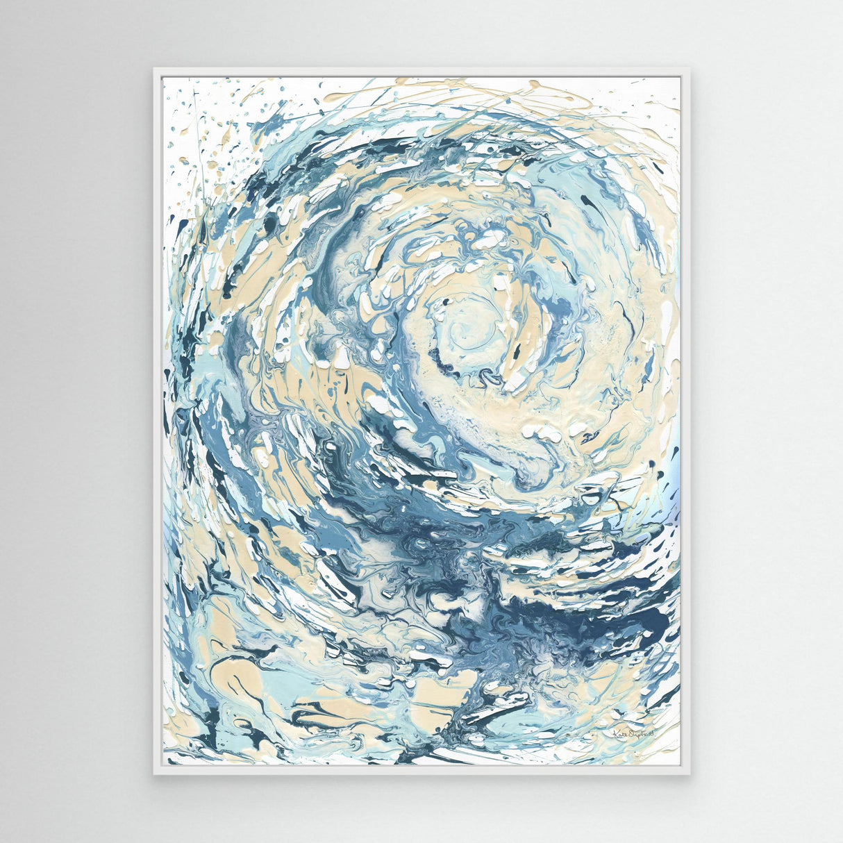 'Wave I' - A dynamic abstract ocean art canvas print in fluid acrylic — blue wave canvas print in swirling turquoise and deep navy for coastal living and coastal decor living room wall art, by Crafty Cow Design.