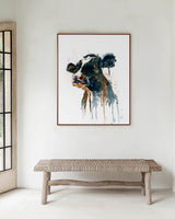 'Paint It Black' - Framed canvas cow print in natural wood frame, bold inky black watercolour tones home decor rustic by Crafty Cow Design.