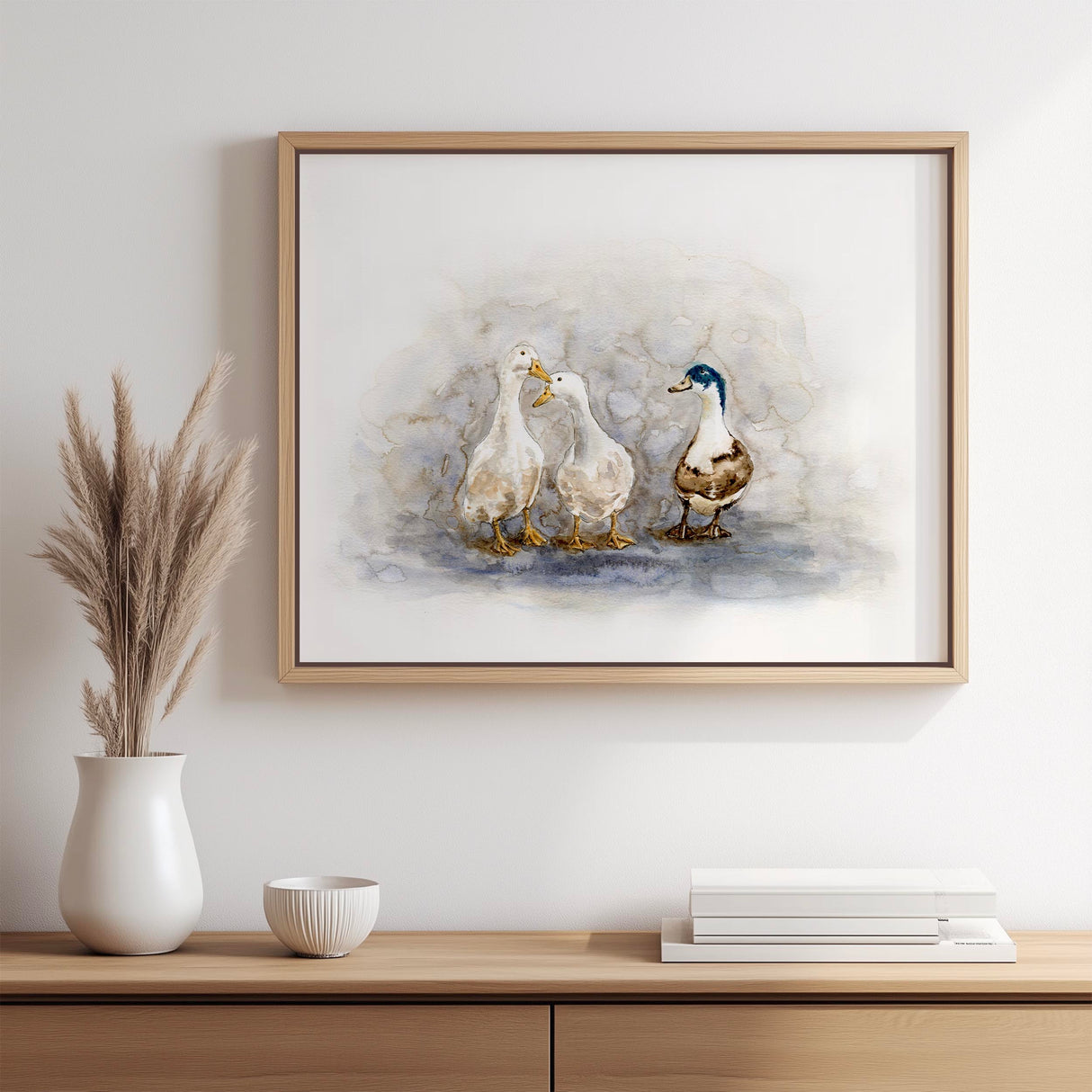'Feathered Friends' - Duck canvas print displayed in a country living room, soft watercolour tones farmhouse wall art country home decor by Crafty Cow Design.