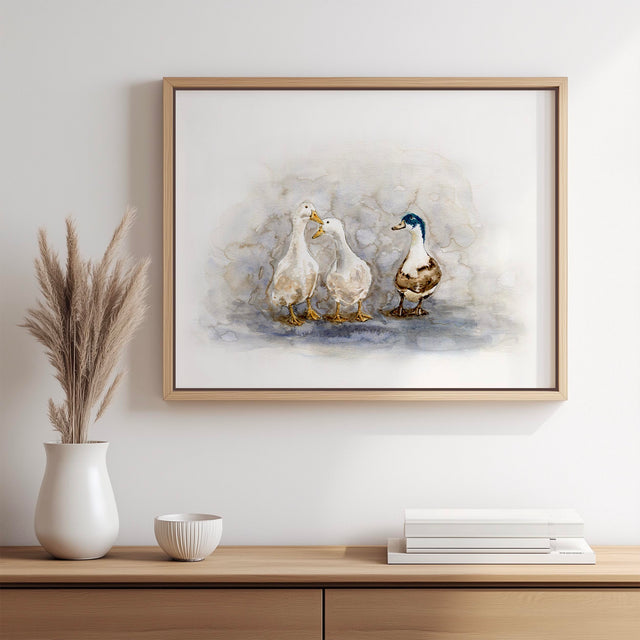 'Feathered Friends' - Duck canvas print displayed in a country living room, soft watercolour tones farmhouse wall art country home decor by Crafty Cow Design.