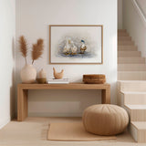 'Feathered Friends' - Framed duck canvas in white frame, soft watercolour whites and warm brown tones, farmhouse wall art country home decor by Crafty Cow Design.