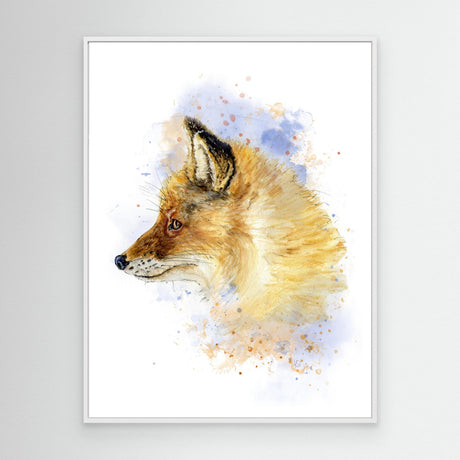 'Still & Knowing' - Canvas fox print showing watchful fox expression in warm amber watercolour, animal wall art wall art woodland by Crafty Cow Design.