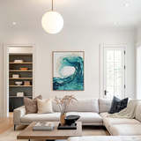 'Sandbanks Wave' - Abstract ocean art capturing the wild energy of the sea in luminous turquoise, teal and deep navy — stunning ocean prints for coastal home decor, by Crafty Cow Design.
