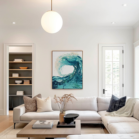 'Sandbanks Wave' - Abstract ocean art capturing the wild energy of the sea in luminous turquoise, teal and deep navy — stunning ocean prints for coastal home decor, by Crafty Cow Design.