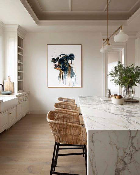 'Paint It Black' - Cow painting art canvas with bold expressive watercolour drips in inky black, countryside kitchen decor rustic home decor by Crafty Cow Design.