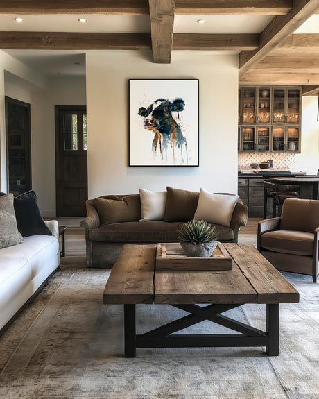 'Paint It Black' - Cow painting art canvas with bold expressive watercolour drips in inky black, countryside kitchen decor rustic home decor by Crafty Cow Design.