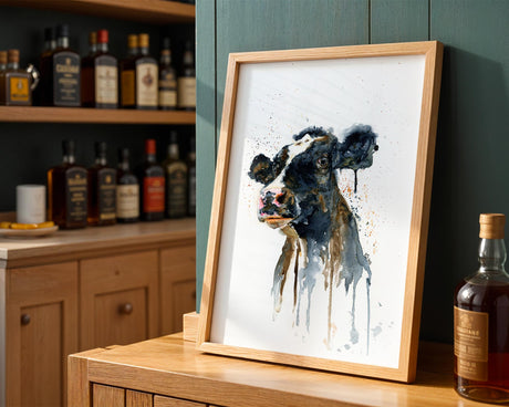 Watercolour cow portrait showcasing the animal’s character with soft blending and delicate detailing around the eyes and muzzle.
