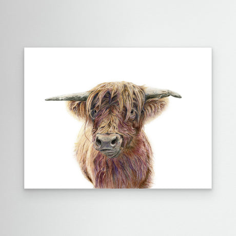 'Wild & Woolly' - Highland cow canvas print full face portrait with sweeping horns, cottagecore home decor rustic wall art by Crafty Cow Design.