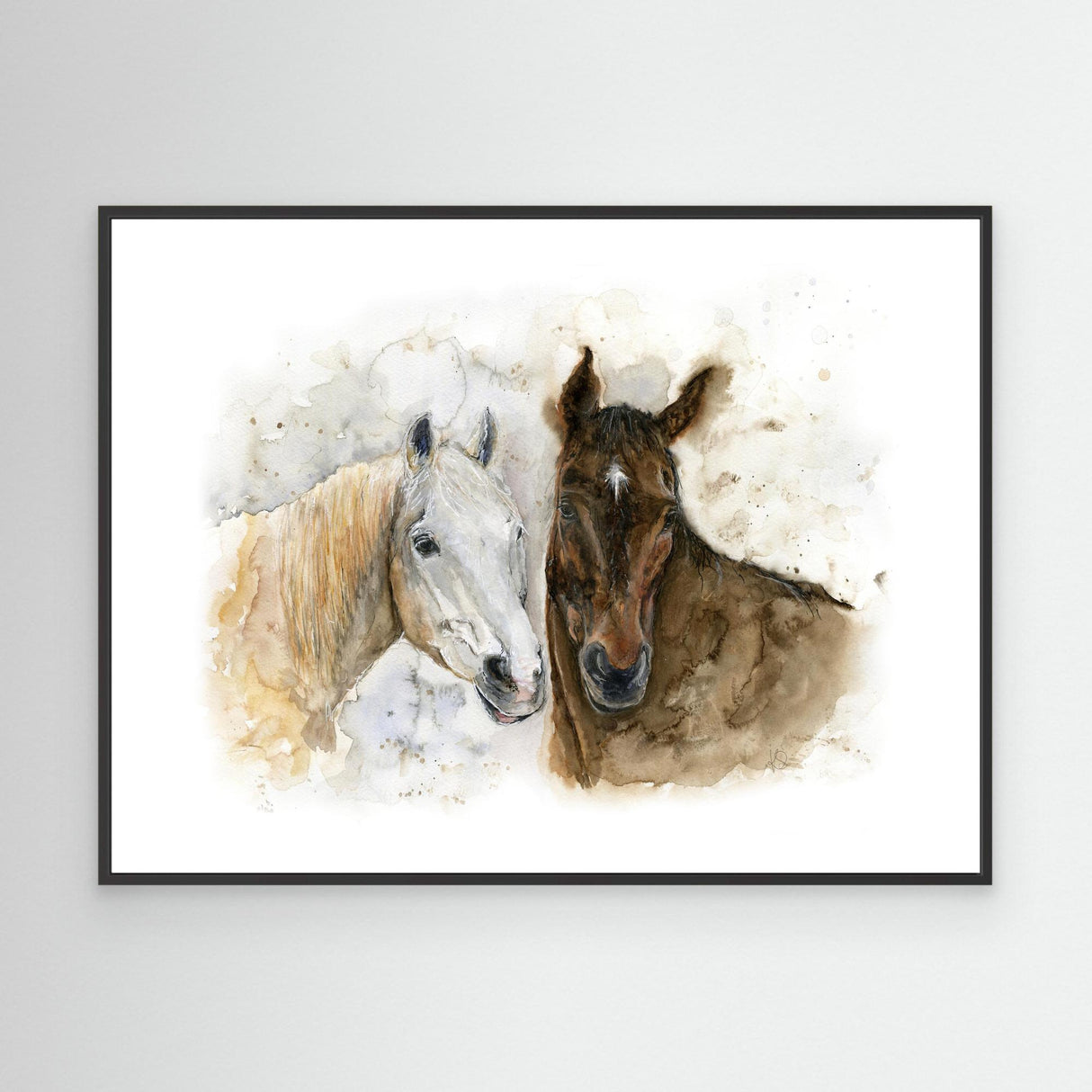 'Horse Friends' - A loose expressive horses canvas print in warm natural tones, capturing the quiet bond between a white and brown horse — timeless farmhouse home decor with real warmth, by Crafty Cow Design.