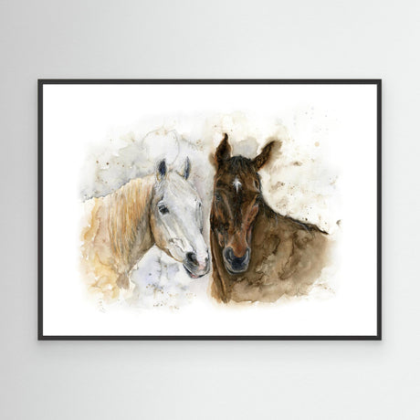 'Horse Friends' - A loose expressive horses canvas print in warm natural tones, capturing the quiet bond between a white and brown horse — timeless farmhouse home decor with real warmth, by Crafty Cow Design.