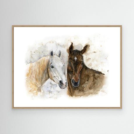 'Horse Friends' - Horse art painting on canvas in a minimal natural palette of creams, browns and soft white — a warm and emotive countryside print for hallways, living rooms and bedrooms, by Crafty Cow Design.