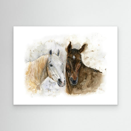'Horse Friends' - Watercolour horse art painting printed on canvas, showing two horses in warm creams and rich brown tones — beautiful horses canvas wall art for country and farmhouse interiors, by Crafty Cow Design.