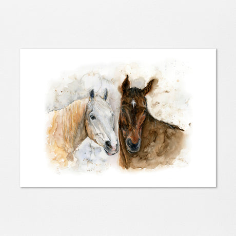 'Horse Friends' 2 Horses Art Print - Watercolour Horse Print Framed Country Home Decor, Horse Portrait Cottage Wall Art