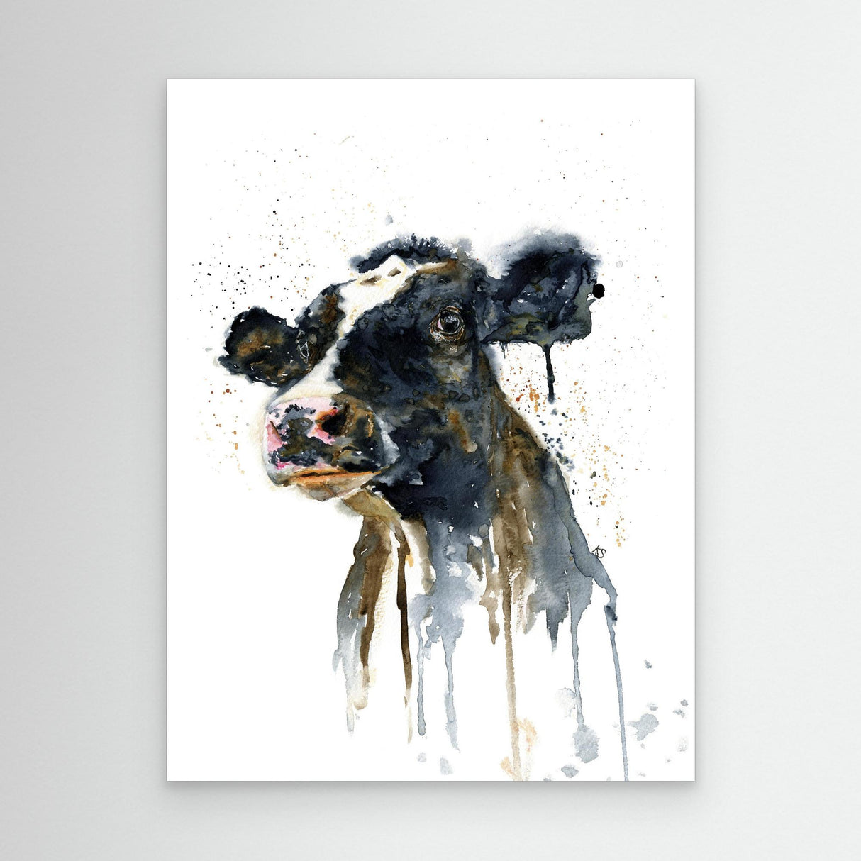 'Paint It Black' - Cow wall art print in bold inky black and warm brown watercolour tones, countryside wall art farm house home decor by Crafty Cow Design.
