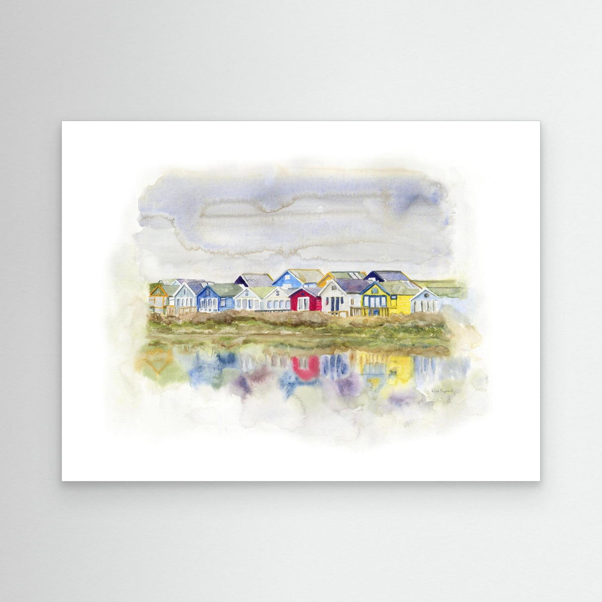 'Beach Huts 1' - A vibrant colourful canvas seascape painting of Mudeford beach huts reflected in the water — beach hut print and seaside wall art for coastal interiors, by Crafty Cow Design.