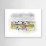 'Beach Huts 1' - A vibrant colourful canvas seascape painting of Mudeford beach huts reflected in the water — beach hut print and seaside wall art for coastal interiors, by Crafty Cow Design.