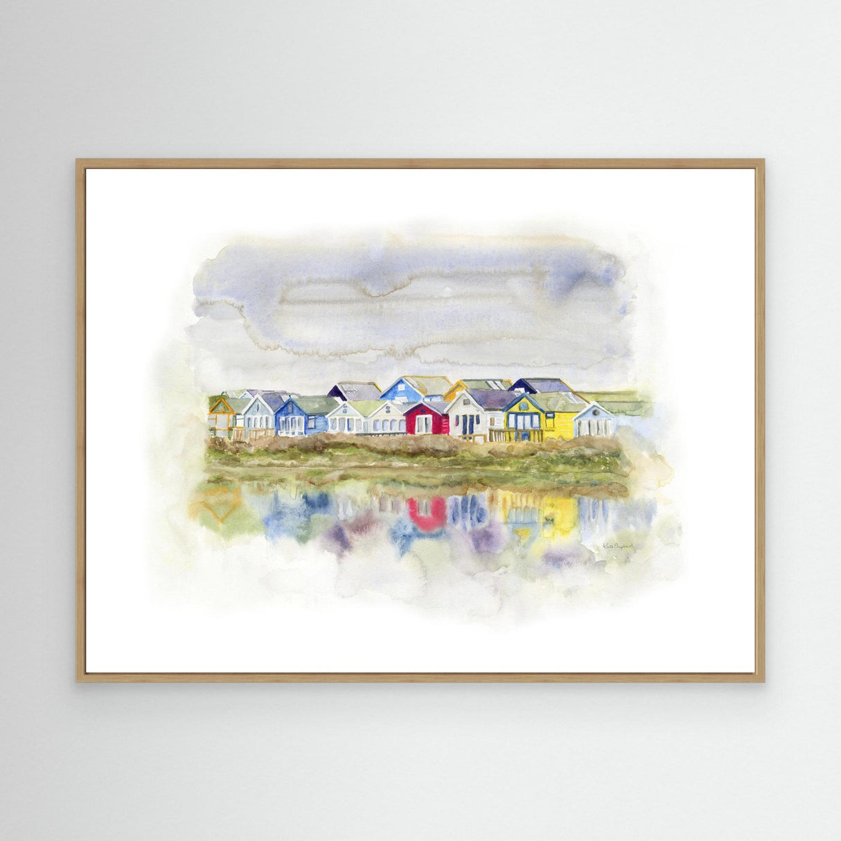'Beach Huts 1' - Colourful canvas beach hut print in green, yellow, blue, red and grey — Dorset seascape painting and coastal home decor with dreamy watercolour reflections, by Crafty Cow Design.