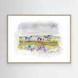 'Beach Huts 1' - Colourful canvas beach hut print in green, yellow, blue, red and grey — Dorset seascape painting and coastal home decor with dreamy watercolour reflections, by Crafty Cow Design.