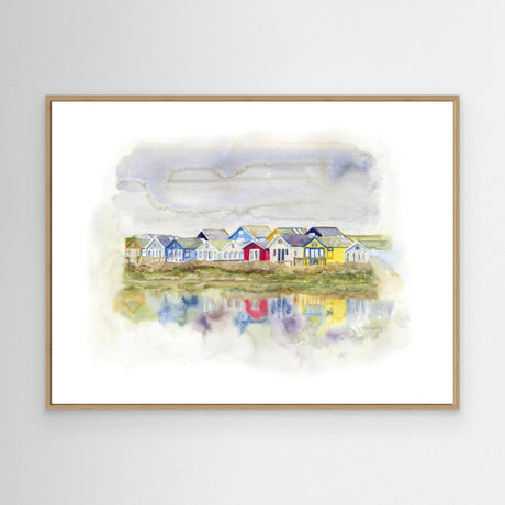 'Beach Huts 1' - Colourful canvas beach hut print in green, yellow, blue, red and grey — Dorset seascape painting and coastal home decor with dreamy watercolour reflections, by Crafty Cow Design.