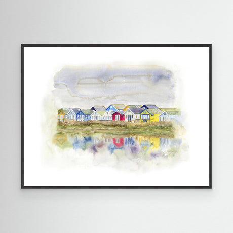 'Beach Huts 1' - Colourful canvas beach hut print of the iconic Mudeford Spit beach huts — Dorset seascape painting and coastal home decor in green, yellow, blue and red, by Crafty Cow Design.