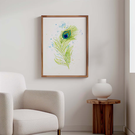 Colourful feather print with emerald, blue, and earthy ink accents