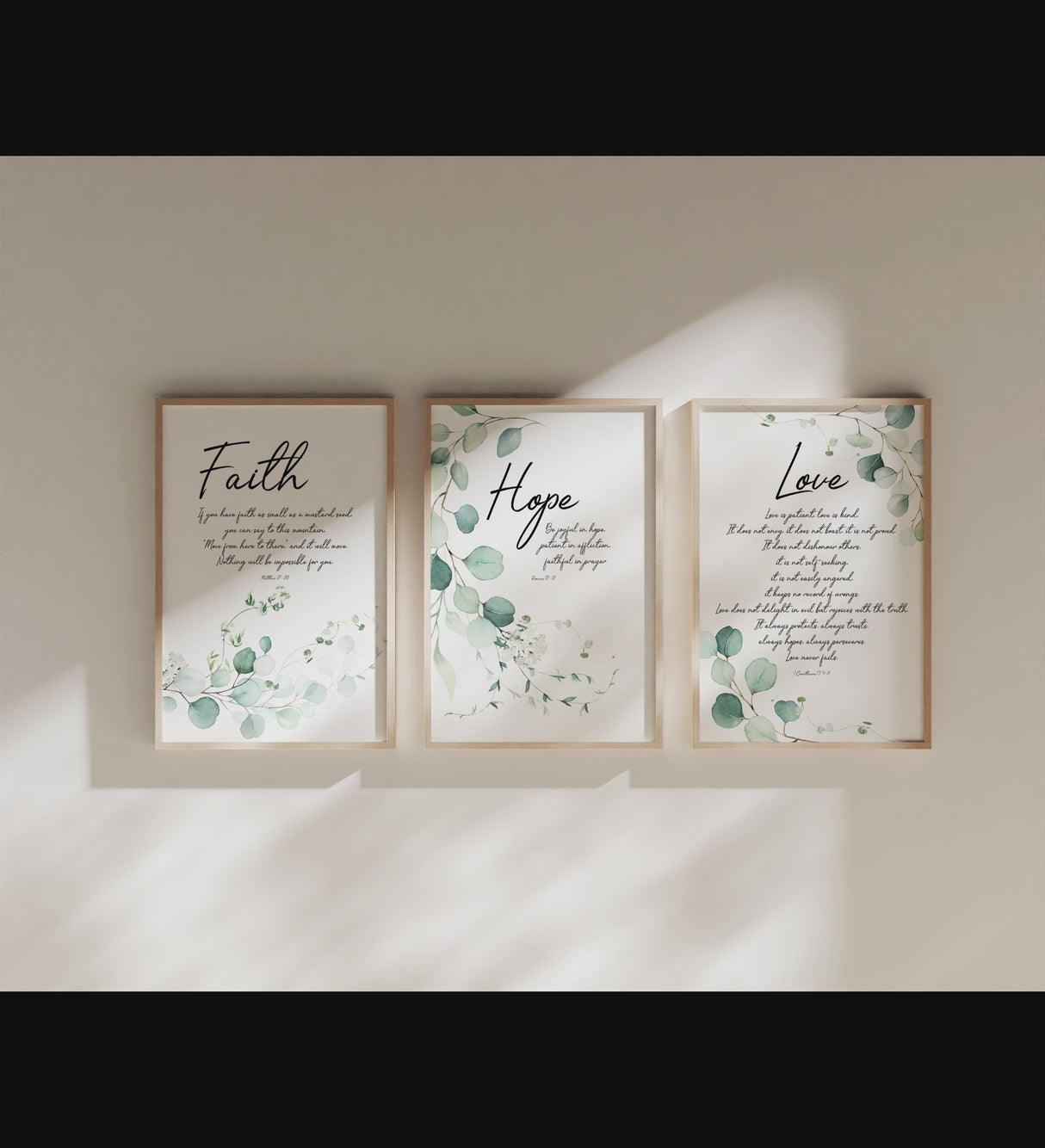 Mustard seed faith verse on botanical print, Christian wall art set with nature motifs, Love is patient, love is kind leafy prints