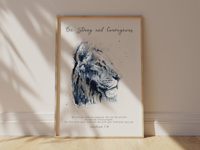 Joshua 1 9 Print Bible Verses About Courage Be Strong and Courageous, Lion watercolour art with Joshua 1:9 verse, Modern Scripture Art