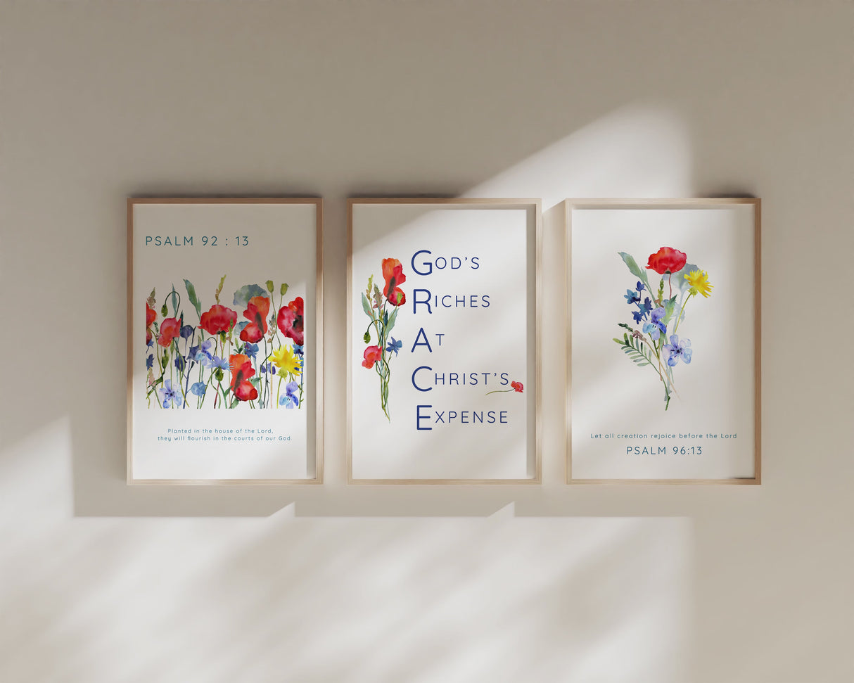 Christian grace acronym floral wall art, Poppies and cornflowers Bible verse set, Modern floral GRACE acronym home decor