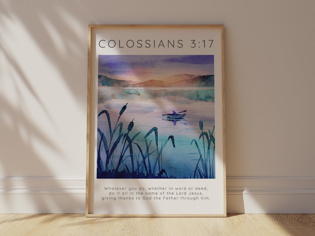 Faith-based room accent with Colossians 3:17, Tranquil nature scene with biblical message, Unique Christian gift for meditation space