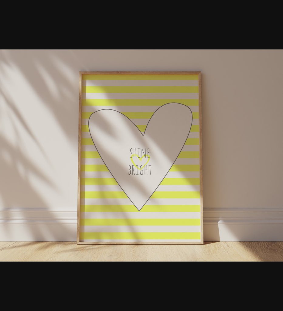 Yellow and white striped nursery print with heart shape, Heartwarming "Shine Bright" nursery artwork in yellow